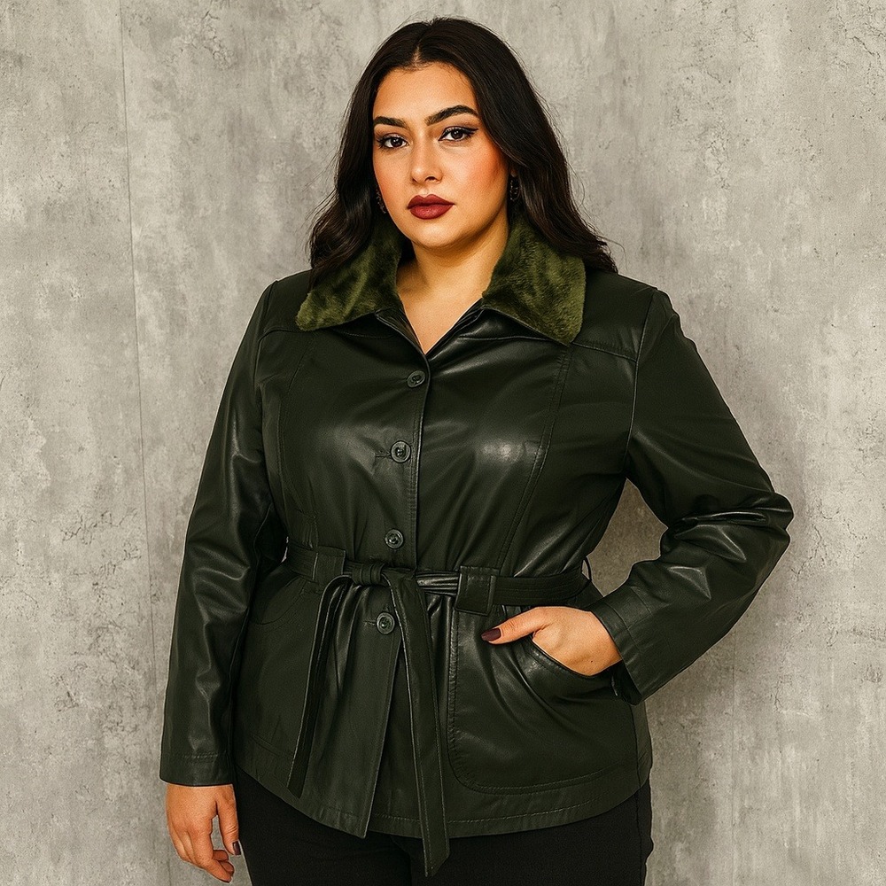 Morrow Women's Jacket L Green Belted Faux Fur Collar Button Front Coat Y2K Retro